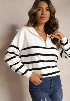 Biało-Czarny Golf Sweter ze Ściągaczami w Paski Zapinany na Suwak Likatte