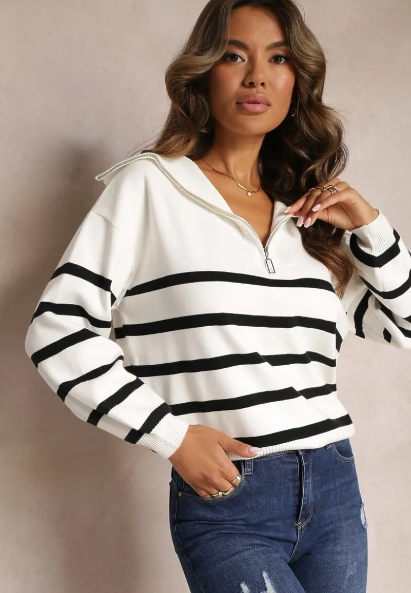 Biało-Czarny Golf Sweter ze Ściągaczami w Paski Zapinany na Suwak Likatte