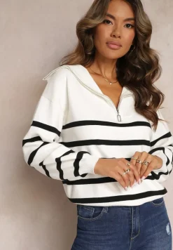 Biało-Czarny Golf Sweter ze Ściągaczami w Paski Zapinany na Suwak Likatte