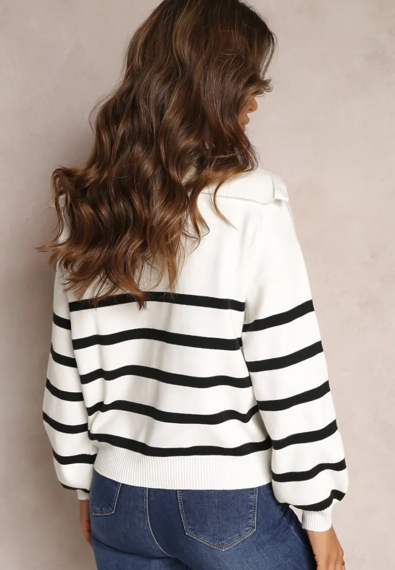 Biało-Czarny Golf Sweter ze Ściągaczami w Paski Zapinany na Suwak Likatte