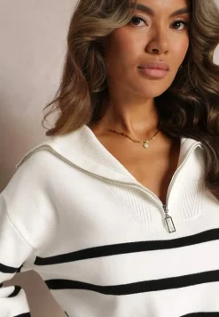 Biało-Czarny Golf Sweter ze Ściągaczami w Paski Zapinany na Suwak Likatte