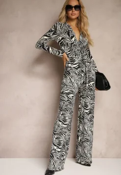 Biało-Czarny Kombinezon Ozdobiony Wzorem w Tygrysie Paski Wiązany w Talii Sairise