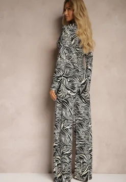 Biało-Czarny Kombinezon Ozdobiony Wzorem w Tygrysie Paski Wiązany w Talii Sairise