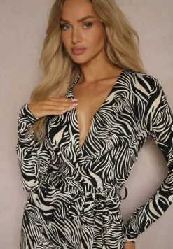 Biało-Czarny Kombinezon Ozdobiony Wzorem w Tygrysie Paski Wiązany w Talii Sairise