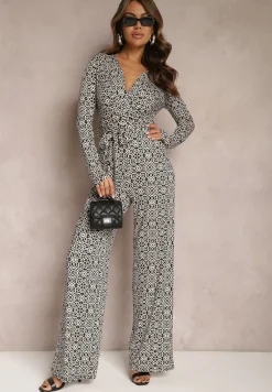 Biało-Czarny Kombinezon w Geometryczne Wzory z Szerokimi Nogawkami i Paskiem w Talii Soliti