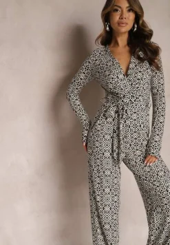 Biało-Czarny Kombinezon w Geometryczne Wzory z Szerokimi Nogawkami i Paskiem w Talii Soliti