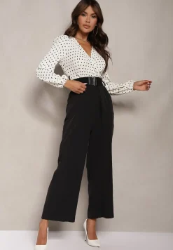 Biało-Czarny Kombinezon z Szeroką Nogawką i Kopertowym Dekoltem Dodatkowo Pasek Klerda