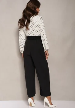 Biało-Czarny Kombinezon z Szeroką Nogawką i Kopertowym Dekoltem Dodatkowo Pasek Klerda