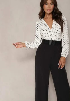 Biało-Czarny Kombinezon z Szeroką Nogawką i Kopertowym Dekoltem Dodatkowo Pasek Klerda