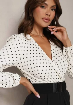 Biało-Czarny Kombinezon z Szeroką Nogawką i Kopertowym Dekoltem Dodatkowo Pasek Klerda