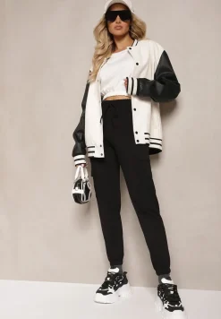 Biało-Czarny Komplet Dresowy Bluza o Krótkim Fasonie i Klasyczne Spodnie z Gumką w Talii Migosta