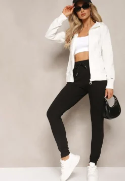 Biało-Czarny Komplet Dresowy Zasuwana Bluza z Kapturem i Proste Spodnie Junine