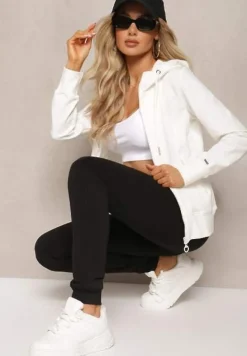 Biało-Czarny Komplet Dresowy Zasuwana Bluza z Kapturem i Proste Spodnie Junine