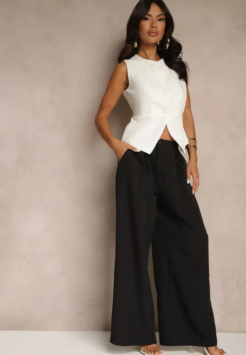 Biało-Czarny Komplet Garniturowy Szerokie Spodnie i Kamizelka Ziorene