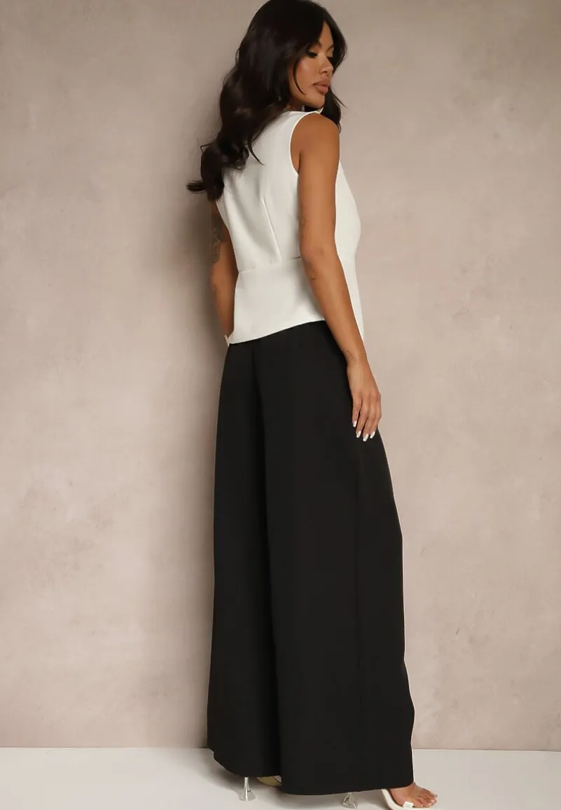 Biało-Czarny Komplet Garniturowy Szerokie Spodnie i Kamizelka Ziorene