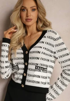 Biało-Czarny Krótki Kardigan z Napisami Fashion i Guzikami Winifa