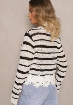 Biało-Czarny Krótki Sweter z Koronką i Ażurowym Wzorem Sovavia