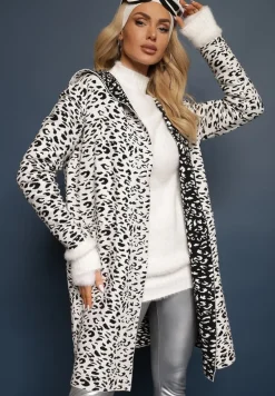 Biało-Czarny Niezapinany Kardigan z Kieszeniami w Panterkowy Print Riaverna