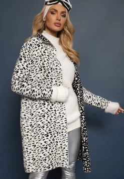 Biało-Czarny Niezapinany Kardigan z Kieszeniami w Panterkowy Print Riaverna