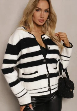 Biało-Czarny Zapinany Kardigan z Wiskozowej Dzianiny w Paski Aiwana