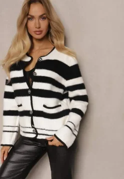 Biało-Czarny Zapinany Kardigan z Wiskozowej Dzianiny w Paski Aiwana