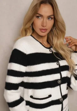 Biało-Czarny Zapinany Kardigan z Wiskozowej Dzianiny w Paski Aiwana