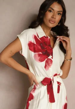 Biało-Czerwona Koszula z Wiskozy z Krótkim Rękawem Zdobiona Kwiatowym Printem Liseritia
