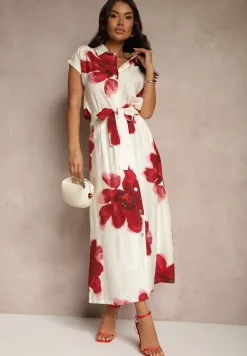 Biało-Czerwona Koszula z Wiskozy z Krótkim Rękawem Zdobiona Kwiatowym Printem Liseritia