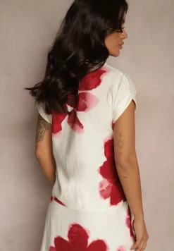 Biało-Czerwona Koszula z Wiskozy z Krótkim Rękawem Zdobiona Kwiatowym Printem Liseritia