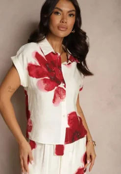 Biało-Czerwona Koszula z Wiskozy z Krótkim Rękawem Zdobiona Kwiatowym Printem Liseritia