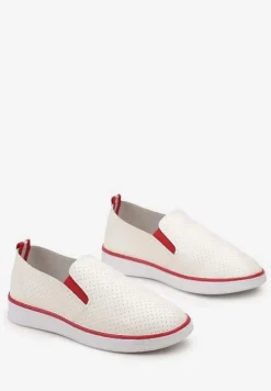 Biało-Czerwone Tenisówki z Ekoskóry z Ozdobną Perforacją i Brokatem Alirentta