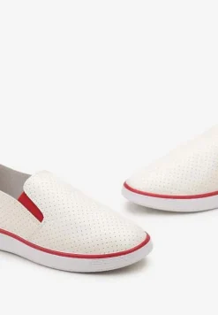 Biało-Czerwone Tenisówki z Ekoskóry z Ozdobną Perforacją i Brokatem Alirentta