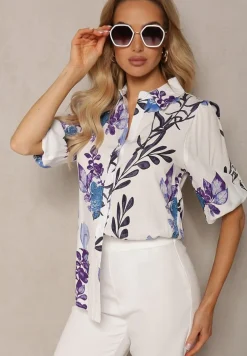 Biało-Fioletowa Koszula Ozdobiona Wzorem w Kwiaty z Wiskozy Deliria