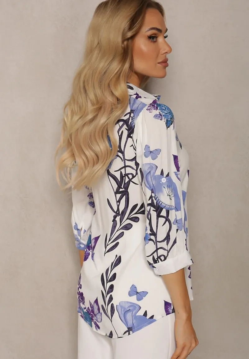 Biało-Fioletowa Koszula Ozdobiona Wzorem w Kwiaty z Wiskozy Deliria