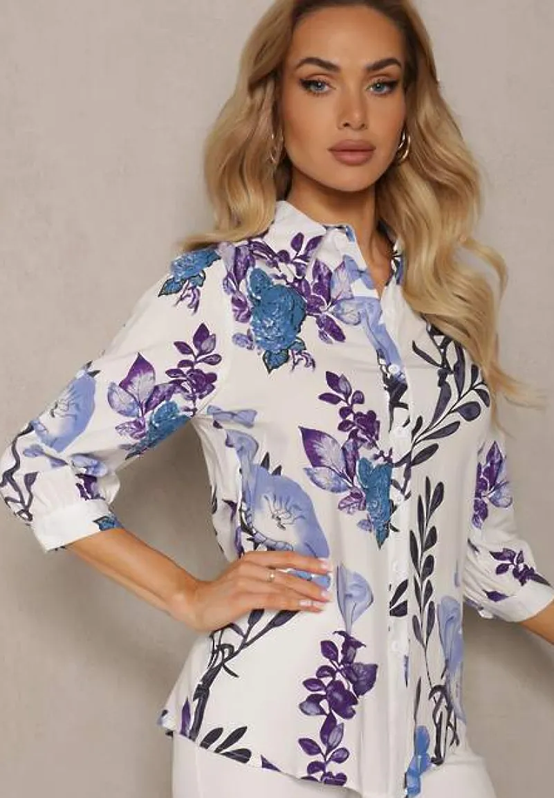 Biało-Fioletowa Koszula Ozdobiona Wzorem w Kwiaty z Wiskozy Deliria