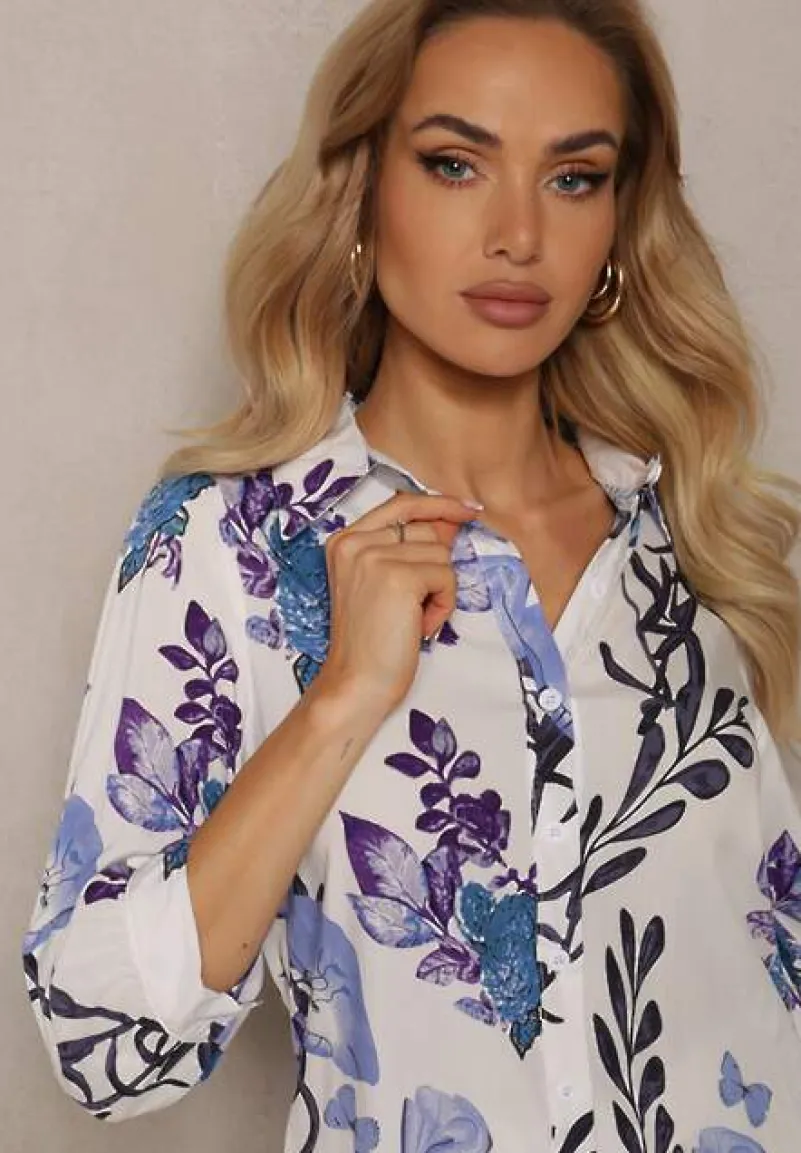 Biało-Fioletowa Koszula Ozdobiona Wzorem w Kwiaty z Wiskozy Deliria