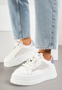 Biało-Fioletowe Sneakersy na Tłoczonej Platformie Elazia