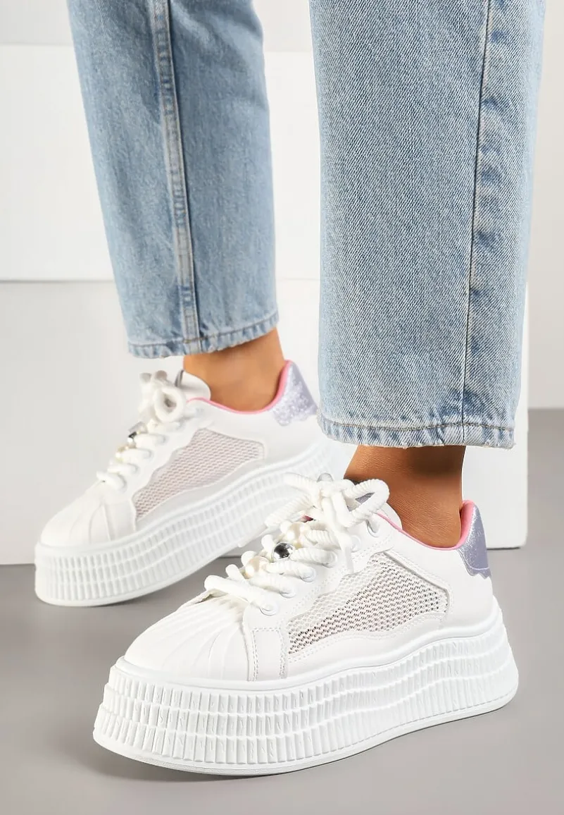 Biało-Fioletowe Sneakersy na Tłoczonej Platformie Elazia