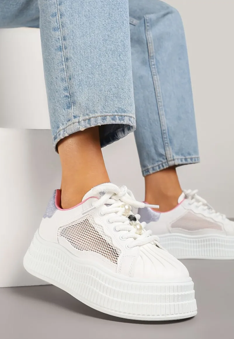 Biało-Fioletowe Sneakersy na Tłoczonej Platformie Elazia
