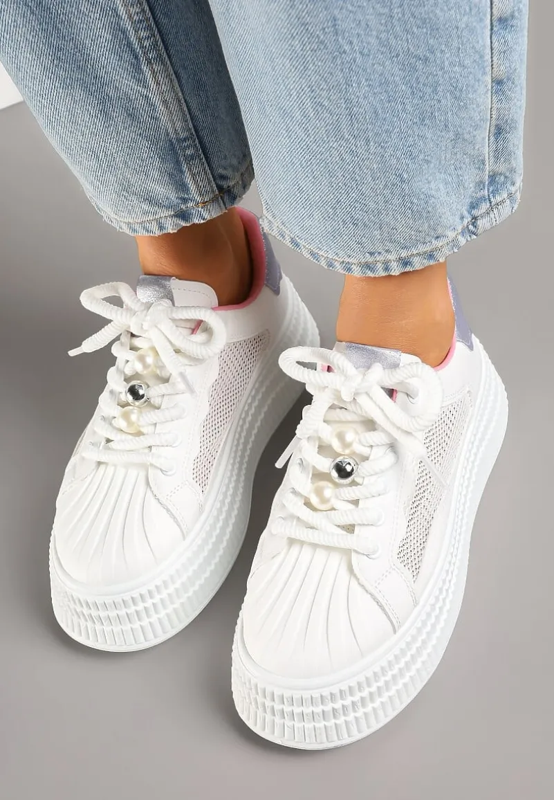 Biało-Fioletowe Sneakersy na Tłoczonej Platformie Elazia