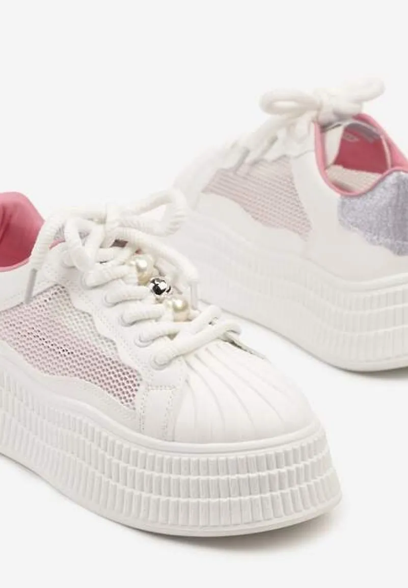 Biało-Fioletowe Sneakersy na Tłoczonej Platformie Elazia