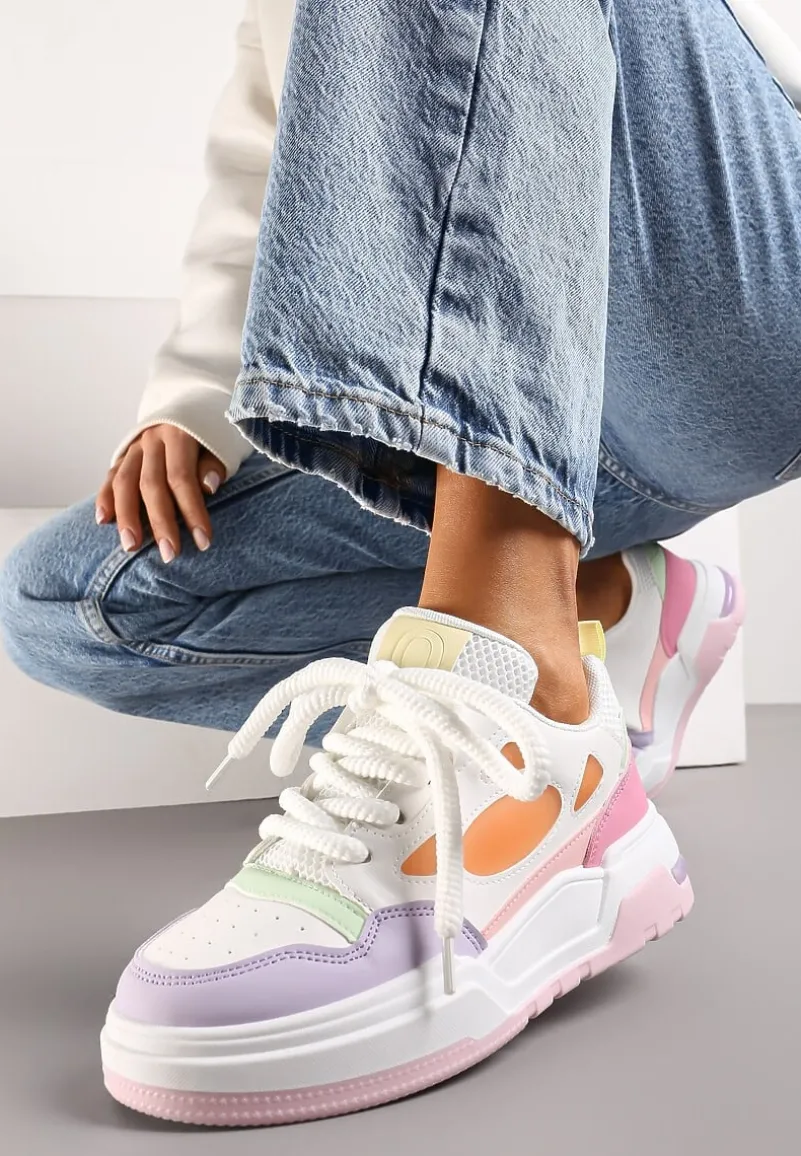 Biało-Fioletowe Sneakersy na Niskiej Platformie z Grubymi Sznurowadłami Vansyla