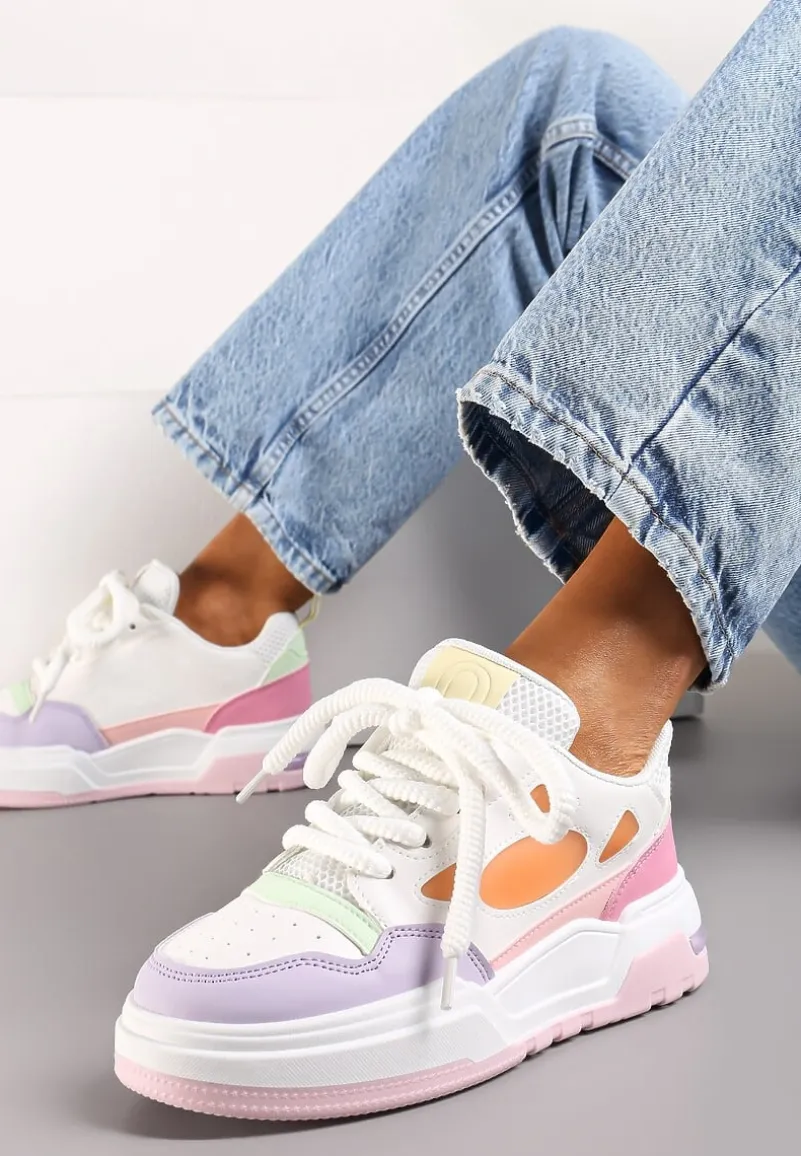 Biało-Fioletowe Sneakersy na Niskiej Platformie z Grubymi Sznurowadłami Vansyla