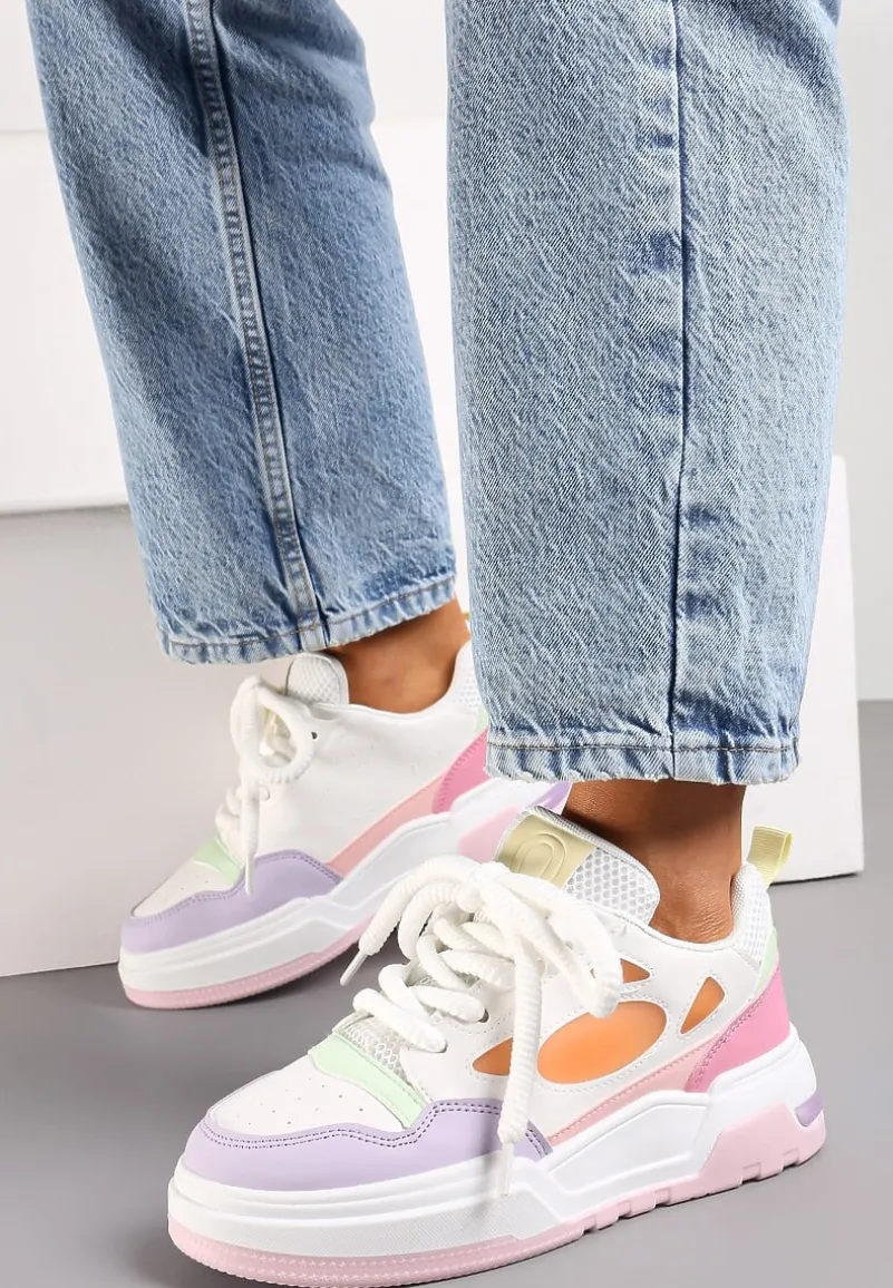 Biało-Fioletowe Sneakersy na Niskiej Platformie z Grubymi Sznurowadłami Vansyla