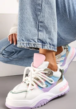 Biało-Fioletowe Sneakersy Ozdobione Kolorowymi i Metalicznymi Wstawkami na Grubej Podeszwie Oplevia