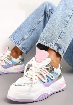 Biało-Fioletowe Sneakersy Ozdobione Kolorowymi i Metalicznymi Wstawkami na Grubej Podeszwie Oplevia
