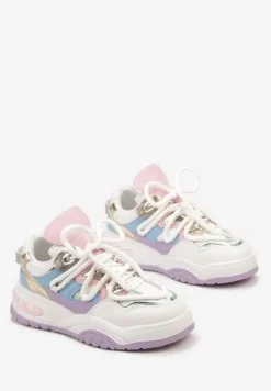 Biało-Fioletowe Sneakersy Ozdobione Kolorowymi i Metalicznymi Wstawkami na Grubej Podeszwie Oplevia