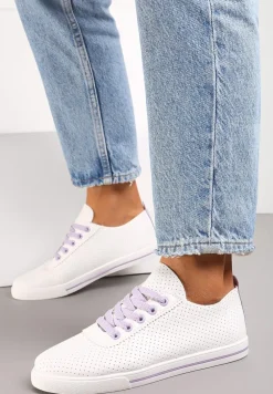 Biało-Fioletowe Tenisówki Ozdobione Dziurkami na Cholewce i Ozdobną Taśmą Mirnala