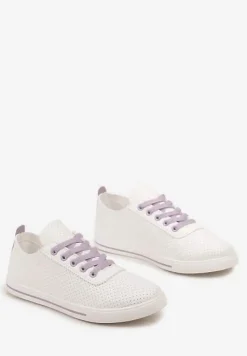 Biało-Fioletowe Tenisówki Ozdobione Dziurkami na Cholewce i Ozdobną Taśmą Mirnala