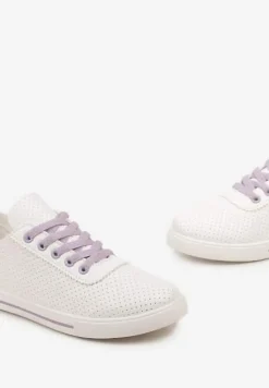 Biało-Fioletowe Tenisówki Ozdobione Dziurkami na Cholewce i Ozdobną Taśmą Mirnala